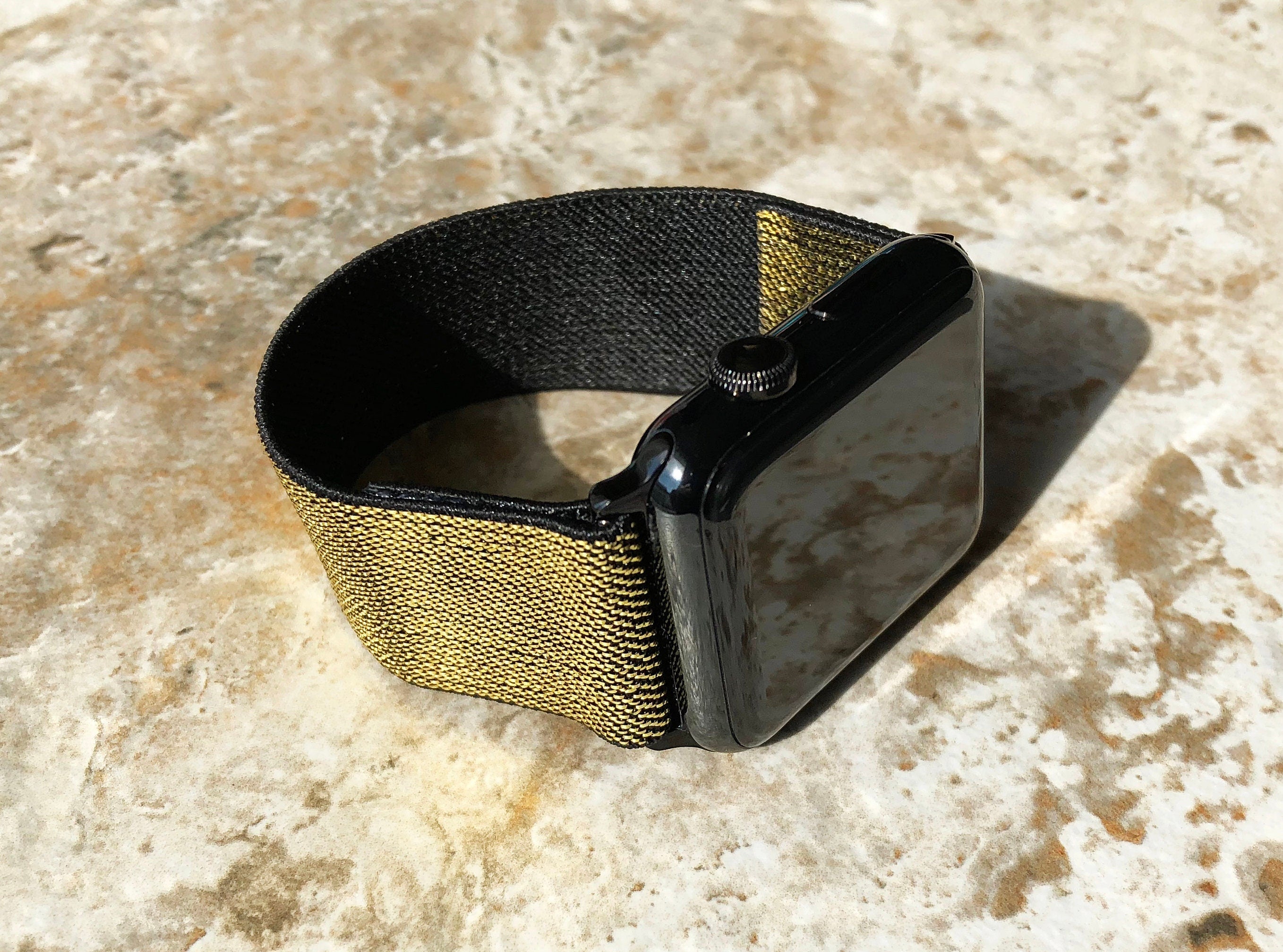 Apple Gold with Black Sparkling Stretch Elastic Band Strap for iWatch 38mm 40mm 41mm 42mm 44mm 45mm 49mm 1 2 3 4 5 6 SE 7 8 9 Ultra 2 Series